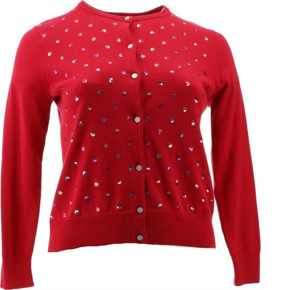 Lands' End Sweaters Lands End Crew Neck Cardigan Deep Scarlet